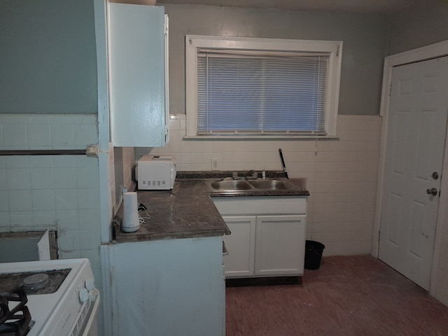 kitchen with white cabinetry, dark hardwood / wood-style flooring, tile walls, and sink