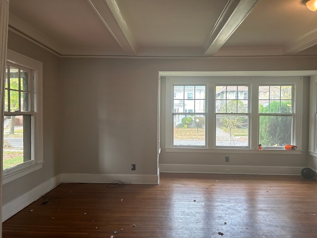 spare room featuring beamed ceiling, plenty of natural light, and hardwood / wood-style flooring