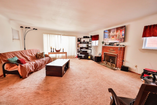 living room featuring a fireplace and carpet