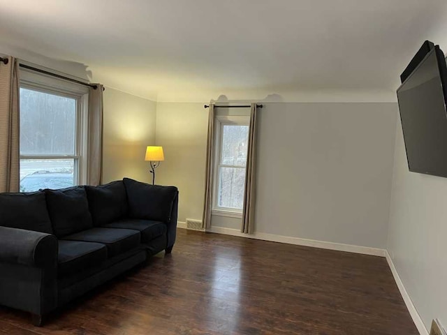 living room featuring dark wood-type flooring