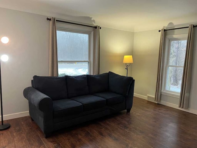 living room with a healthy amount of sunlight and dark hardwood / wood-style flooring