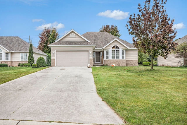 single story home with a front yard and a garage