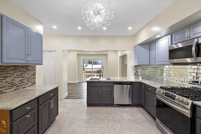 kitchen featuring gray cabinetry, sink, appliances with stainless steel finishes, tasteful backsplash, and kitchen peninsula