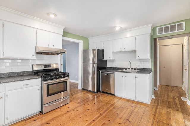 kitchen with white cabinets, light hardwood / wood-style floors, appliances with stainless steel finishes, and tasteful backsplash