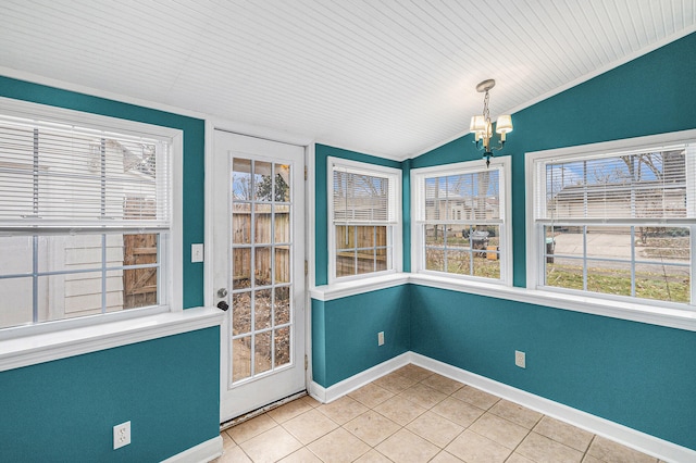 unfurnished sunroom with plenty of natural light, wooden ceiling, vaulted ceiling, and a notable chandelier