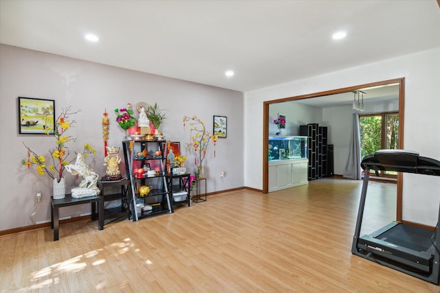 workout room featuring light wood-type flooring