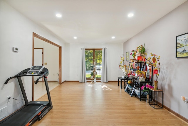 workout room featuring light hardwood / wood-style flooring