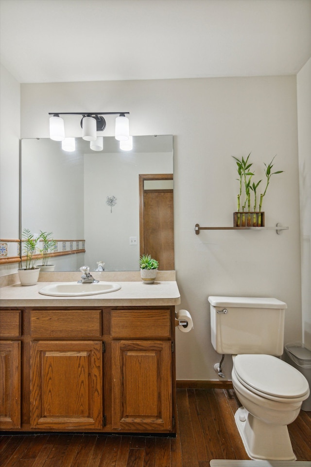 bathroom featuring vanity, toilet, and wood-type flooring