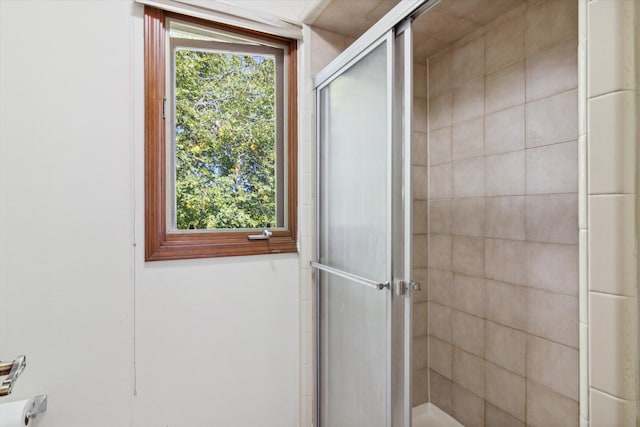 bathroom with a shower with door