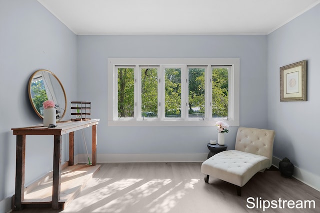 sitting room featuring light hardwood / wood-style floors and ornamental molding