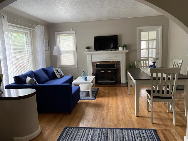 living room with a textured ceiling and hardwood / wood-style flooring