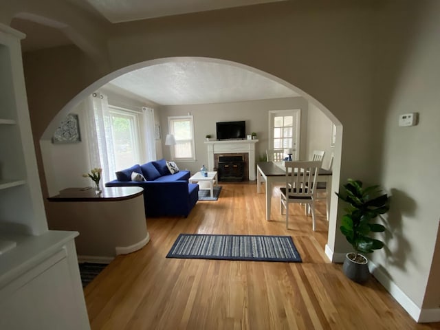 living room with hardwood / wood-style floors and a textured ceiling