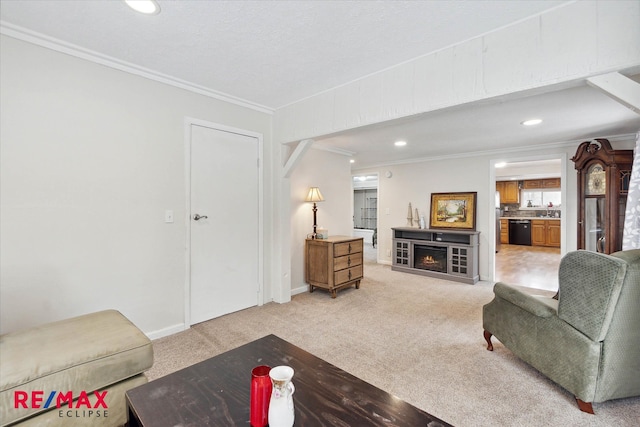 living room featuring a textured ceiling, light colored carpet, ornamental molding, and a fireplace