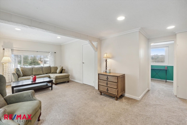 living room with light carpet, a textured ceiling, and plenty of natural light