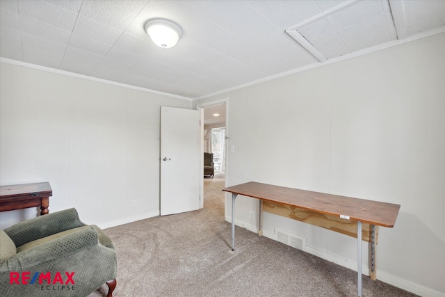 carpeted office space featuring ornamental molding