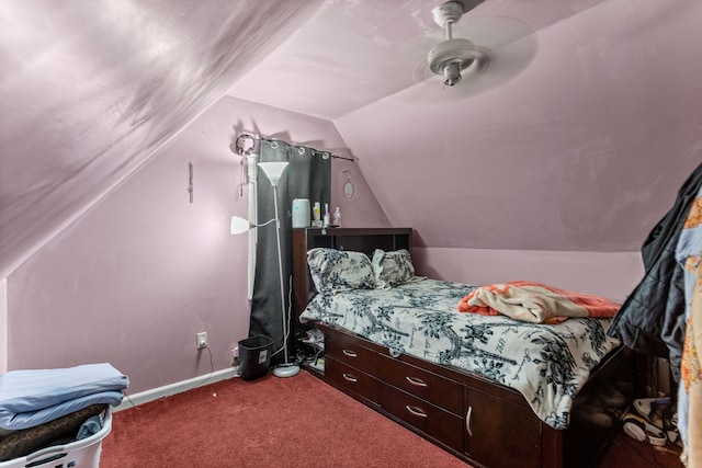 carpeted bedroom featuring ceiling fan and lofted ceiling