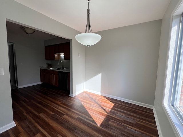 unfurnished dining area with dark hardwood / wood-style floors and sink