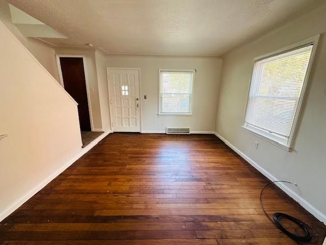 entrance foyer featuring a textured ceiling, plenty of natural light, dark wood-type flooring, and a baseboard heating unit