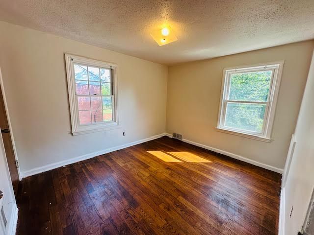 empty room with a textured ceiling, dark hardwood / wood-style flooring, and a healthy amount of sunlight