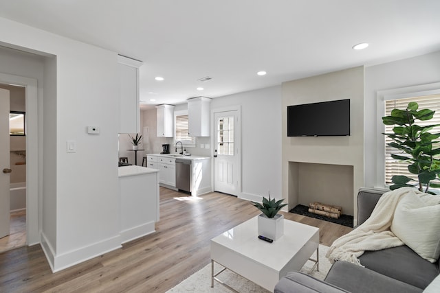 living room with light hardwood / wood-style floors and sink