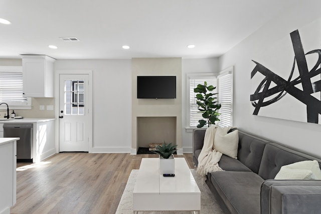 living room featuring light wood-type flooring and sink