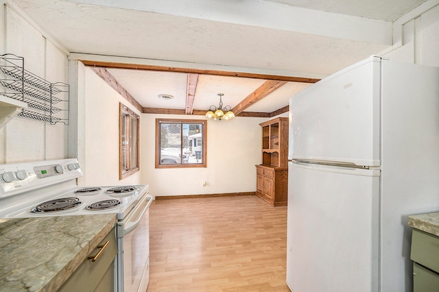 kitchen with white appliances, an inviting chandelier, light hardwood / wood-style flooring, beamed ceiling, and decorative light fixtures