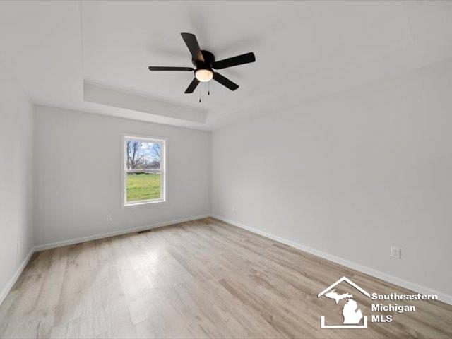 empty room featuring light hardwood / wood-style floors, ceiling fan, and a tray ceiling