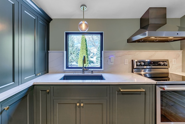 kitchen with sink, ventilation hood, backsplash, pendant lighting, and electric stove