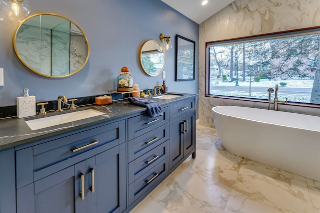 bathroom featuring a washtub and vanity