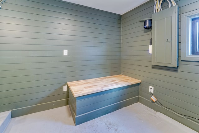 bathroom featuring electric panel and wood walls