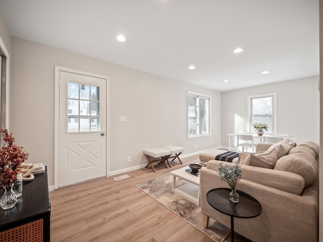 living room with light hardwood / wood-style flooring and a healthy amount of sunlight