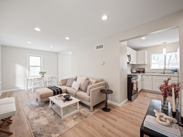 living room featuring light hardwood / wood-style flooring and sink