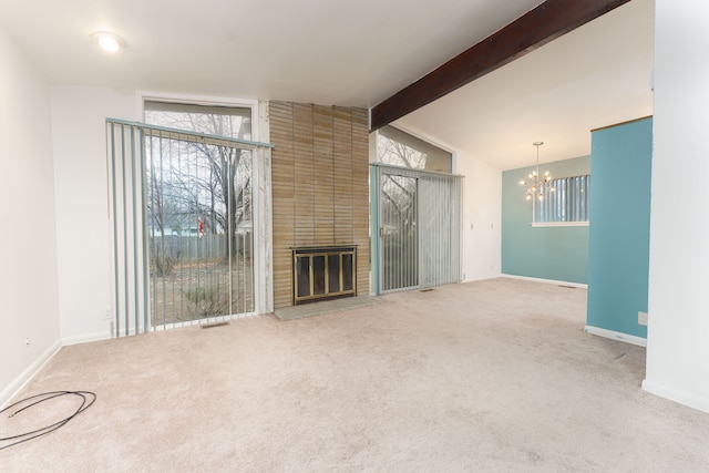 1930 Whittlesey St, Flint, MI 48503 - unfurnished living room with vaulted ceiling with beams, carpet, a notable chandelier, and a brick fireplace