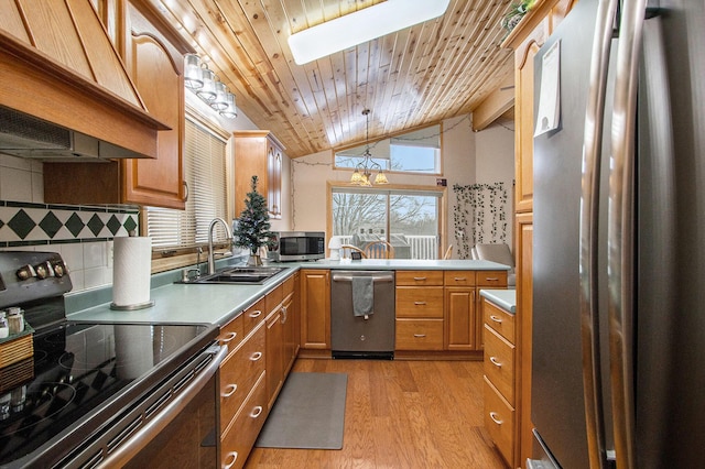 kitchen with appliances with stainless steel finishes, premium range hood, sink, light hardwood / wood-style flooring, and wooden ceiling