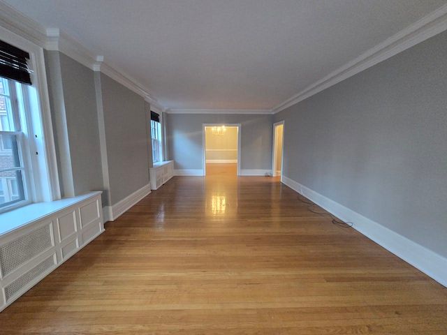 hall featuring a wealth of natural light, ornamental molding, and light wood-type flooring