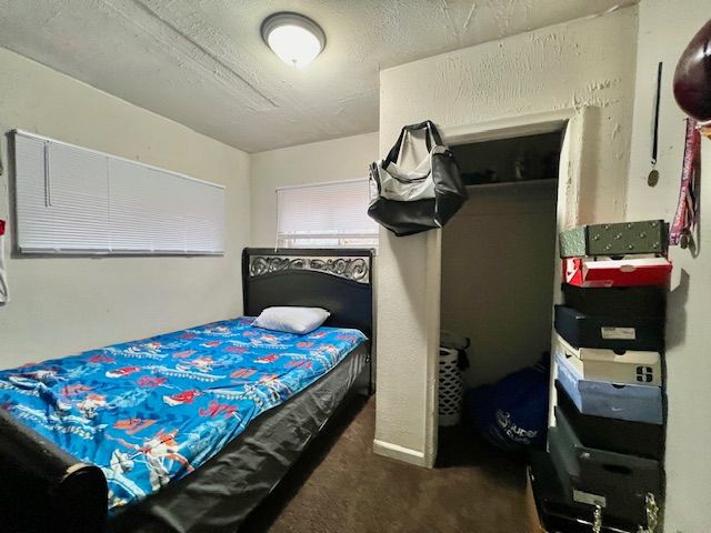 bedroom featuring dark colored carpet