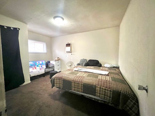 bedroom featuring dark carpet