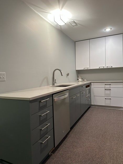 kitchen featuring dishwasher, dark carpet, white cabinetry, and sink