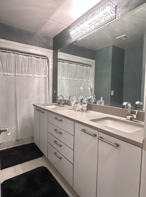 bathroom with curtained shower and vanity