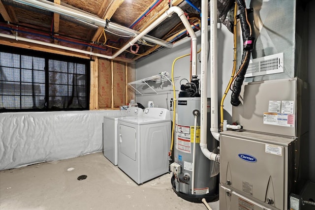 laundry area featuring water heater and washer and clothes dryer