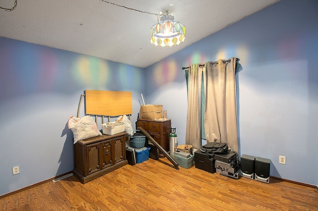 miscellaneous room with a textured ceiling, vaulted ceiling, and light hardwood / wood-style flooring