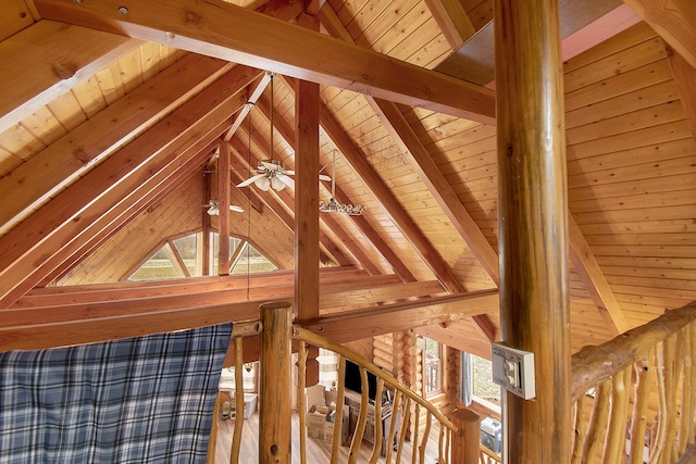 interior details featuring beam ceiling, wooden ceiling, and wood walls