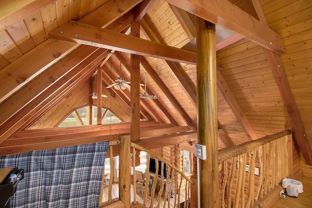 details with beam ceiling, ceiling fan, and wooden ceiling