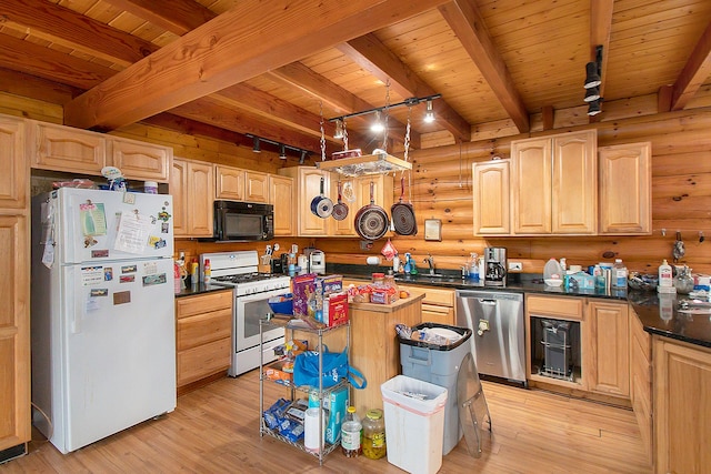 kitchen featuring white appliances, light wood-type flooring, beamed ceiling, a kitchen island, and wood ceiling