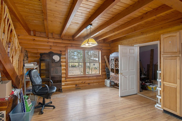 unfurnished office with beamed ceiling, wooden ceiling, rustic walls, and light hardwood / wood-style flooring