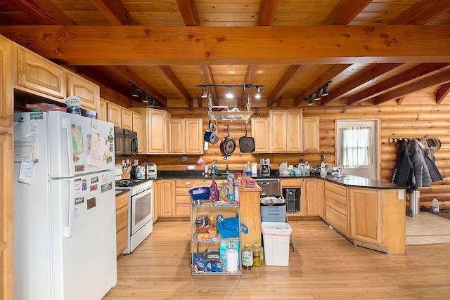 kitchen featuring light wood-type flooring, light brown cabinets, white appliances, and a kitchen island