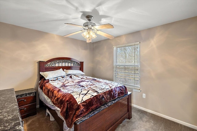 bedroom with ceiling fan and dark carpet