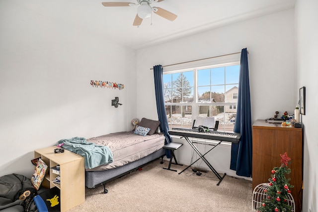 carpeted bedroom with ceiling fan