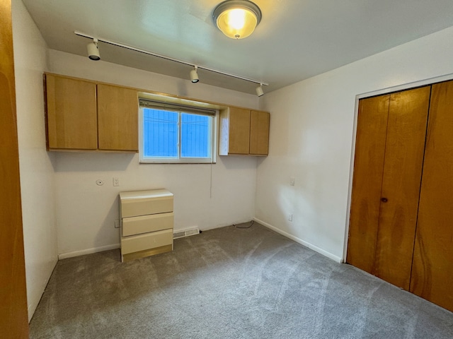 interior space featuring carpet floors and track lighting