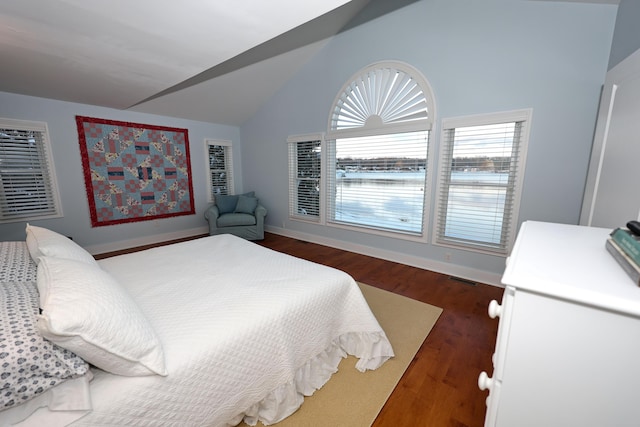 bedroom featuring lofted ceiling and dark wood-type flooring